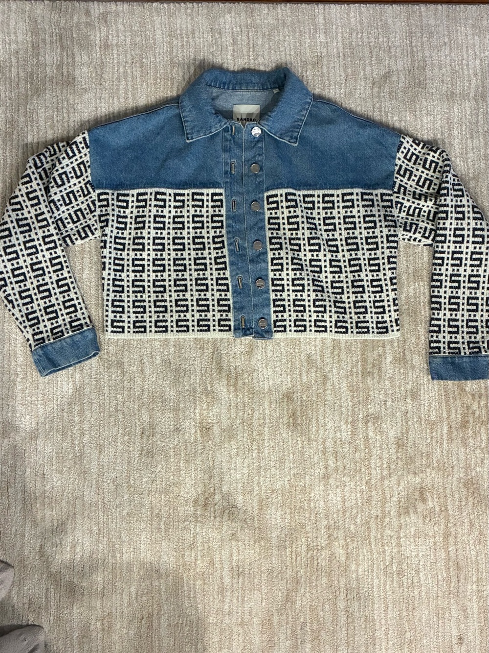 Sandro Paris Monogram Panel Blue Cropped Denim Knit Jacket